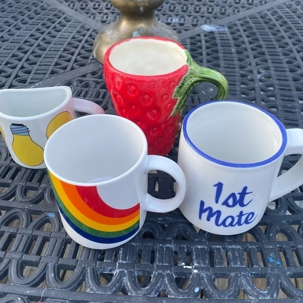 Four Vintage Kitschy Coffee Mugs Rainbow Strawberry Nautical Primary Colors